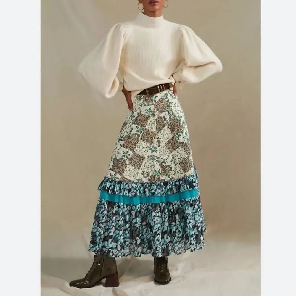 Blue Cream Patchwork Maxi Skirt